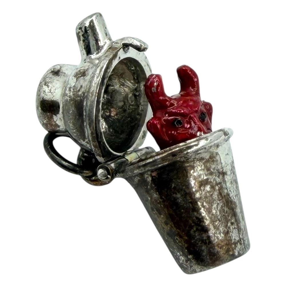 Vintage Sterling Silver Cocktail Shaker Charm Red Enamel Devil Surprise Movable